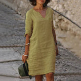 Robe Midi Col V Manches Trois-Quarts