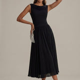 Robe Midi Sans Manches Col Drapé Plissé