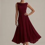 Robe Midi Sans Manches Col Drapé Plissé