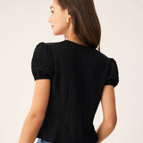 Blouse Noire en Jacquard Dentelle — Manches Bouffantes, Décolleté en V, Boutons