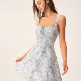 Robe Mini Corset Fleurie Bleue — Silhouette A-Ligne, Froncée, Nœud au Dos