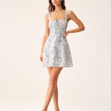 Robe Mini Corset Fleurie Bleue — Silhouette A-Ligne, Froncée, Nœud au Dos