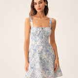 Robe Mini Corset Fleurie Bleue — Silhouette A-Ligne, Froncée, Nœud au Dos