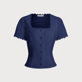 Blouse Col Carré Marine Boutonnée — Coton-Lin, Manches Courtes, Détails Dentelle
