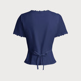 Blouse Col Carré Marine Boutonnée — Coton-Lin, Manches Courtes, Détails Dentelle