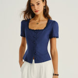 Blouse Col Carré Marine Boutonnée — Coton-Lin, Manches Courtes, Détails Dentelle