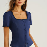 Blouse Col Carré Marine Boutonnée — Coton-Lin, Manches Courtes, Détails Dentelle