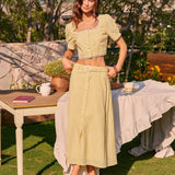 Jupe Midi Brodée Jaune — Coupe A-Ligne, 100% Coton, Taille Naturelle