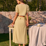 Jupe Midi Brodée Jaune — Coupe A-Ligne, 100% Coton, Taille Naturelle