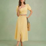 Jupe Midi Brodée Jaune — Coupe A-Ligne, 100% Coton, Taille Naturelle
