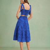 Jupe Midi Brodée Bleue — Coupe Évasée, 100% Coton, Taille Naturelle