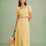 Jupe Midi Brodée Jaune — Coupe A-Ligne, 100% Coton, Taille Naturelle