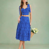 Jupe Midi Brodée Bleue — Coupe Évasée, 100% Coton, Taille Naturelle