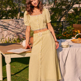 Jupe Midi Brodée Jaune — Coupe A-Ligne, 100% Coton, Taille Naturelle