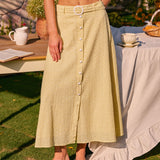 Jupe Midi Brodée Jaune — Coupe A-Ligne, 100% Coton, Taille Naturelle