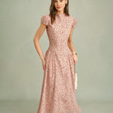 Robe Maxi Fleurie Rose — Col Montant, Manches Capes, Coupe A-Ligne
