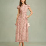 Robe Maxi Fleurie Rose — Col Montant, Manches Capes, Coupe A-Ligne