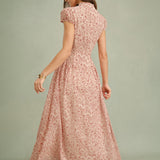Robe Maxi Fleurie Rose — Col Montant, Manches Capes, Coupe A-Ligne