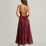Robe Maxi Slip Jacquard Rouge Vin — Dos Croisé, Décolleté Carré, Occasion Spéciale