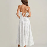 Robe Maxi Slip Jacquard Blanche — Dos Croisé, Encolure Carrée, Occasion Spéciale