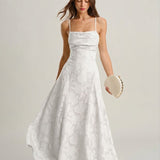 Robe Maxi Slip Jacquard Blanche — Dos Croisé, Encolure Carrée, Occasion Spéciale