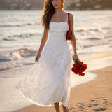 Robe Maxi Slip Jacquard Blanche — Dos Croisé, Encolure Carrée, Occasion Spéciale