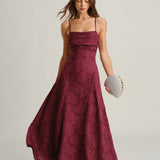 Robe Maxi Slip Jacquard Rouge Vin — Dos Croisé, Décolleté Carré, Occasion Spéciale