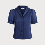 Blouse Boutonnée en Satin Marine — Tenue de Bureau, Coupe Élégante