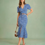 Jupe Midi Sirène Fleurie Bleue — Coupe Sirène, Motif Floral, Taille Naturelle