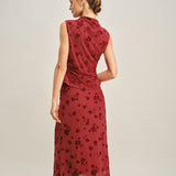 Jupe Midi Sirène Florale Rouge — Coupe Sirène, Stretch Confortable, Taille Élastique