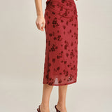 Jupe Midi Sirène Florale Rouge — Coupe Sirène, Stretch Confortable, Taille Élastique