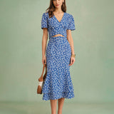 Jupe Midi Sirène Fleurie Bleue — Coupe Sirène, Motif Floral, Taille Naturelle