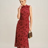 Jupe Midi Sirène Florale Rouge — Coupe Sirène, Stretch Confortable, Taille Élastique