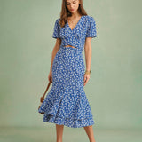 Jupe Midi Sirène Fleurie Bleue — Coupe Sirène, Motif Floral, Taille Naturelle