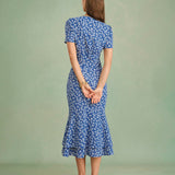 Jupe Midi Sirène Fleurie Bleue — Coupe Sirène, Motif Floral, Taille Naturelle
