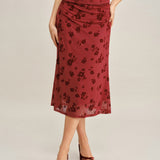 Jupe Midi Sirène Florale Rouge — Coupe Sirène, Stretch Confortable, Taille Élastique